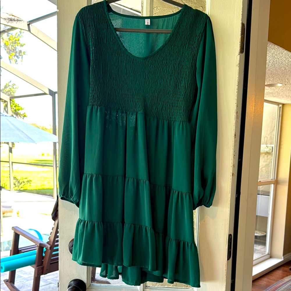 Dark Green Long Sleeve Tiered Dress Medium